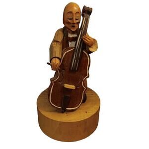 ANRI Italy Reuge Handcarved Wood Music Box WORKS Cello Bass Player Man‎ READ